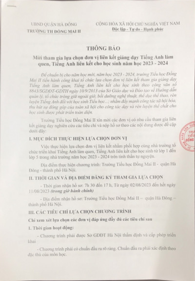 Thông báo mời tham gia lựa chọn đơn vị liên kết giảng dạy Tiếng Anh làm quen, Tiếng Anh liên kết cho HS năm học 2023-2024