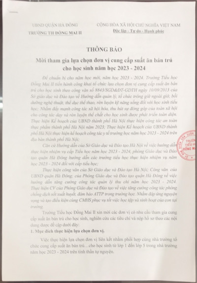 Thông báo mời tham gia lựa chọn đơn vị cung cấp suất ăn bán trú năm học 2023-2024
