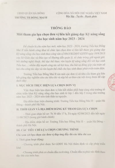 Thông báo mời tham gia đơn vị liên kết giảng dạy Kỹ năng sống cho HS năm học 2023-2024