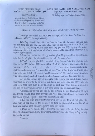 Phát động, triển khai Cuộc thi trực tuyến "Tìm hiểu pháp luật về định danh điện tử và dịch vụ công trực tuyến" tại các cơ sở giáo dục trên địa bàn