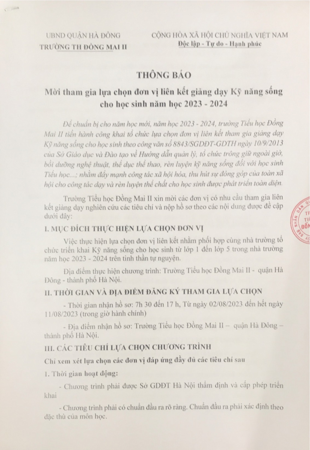 Thông báo mời tham gia đơn vị liên kết giảng dạy Kỹ năng sống cho HS năm học 2023-2024
