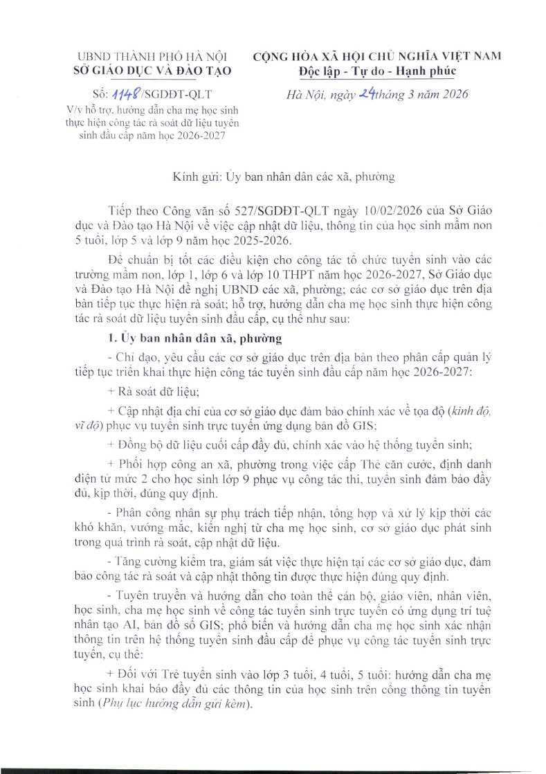 công văn 1148/SGDĐT-QLT ngày 24/3/2026 về việc hỗ trợ, hướng dẫn cha mẹ học sinh thực hiện công tác rà soát dữ liệu tuyển sinh đầu cấp năm học 2026-2027.